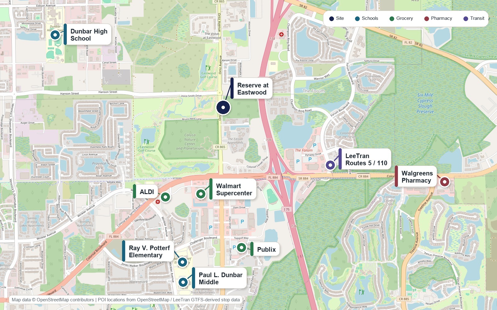 Map of Reserve at Eastwood showing nearby schools, grocery stores, pharmacy, and LeeTran service