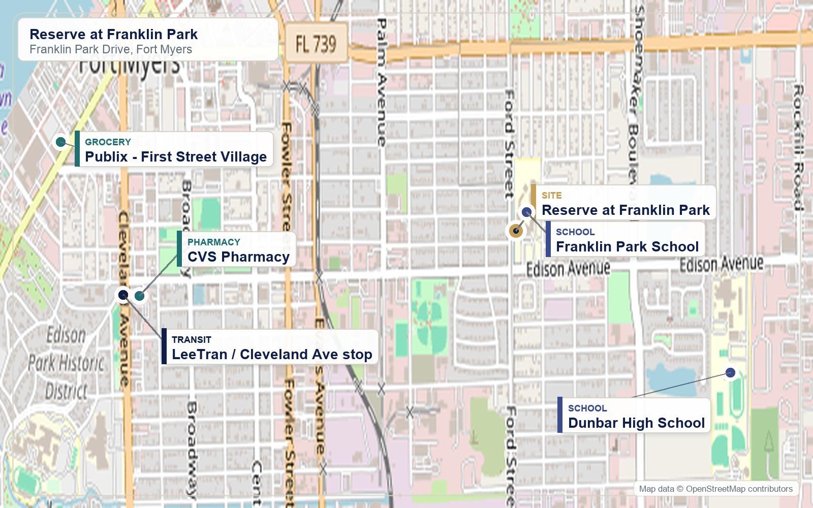 Map of Reserve at Franklin Park showing nearby schools, grocery, pharmacy, and LeeTran access
